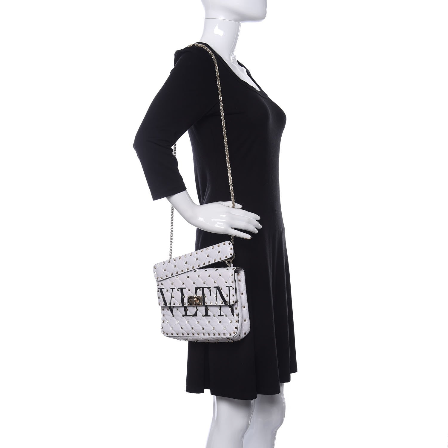 Valentino Garavani Lambskin VLTN Print Medium Rockstud Spike Shoulder Bag Optic White Black 1 of 9