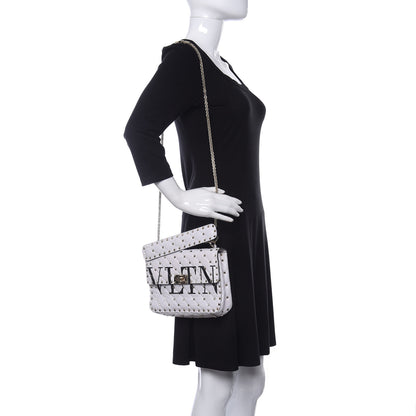Valentino Garavani Lambskin VLTN Print Medium Rockstud Spike Shoulder Bag Optic White Black 1 of 9