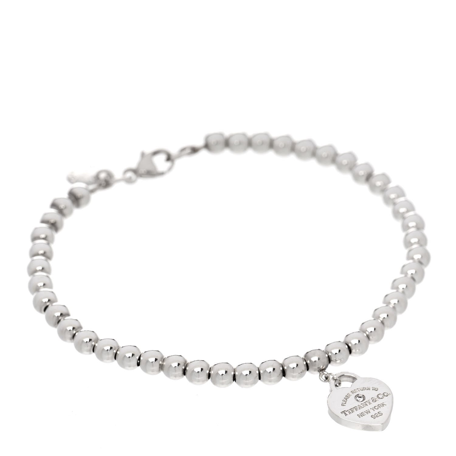 Tiffany Sterling Silver Enamel Diamond 4mm Return to Tiffany Heart Tag Bead Bracelet Blue 1 of 9