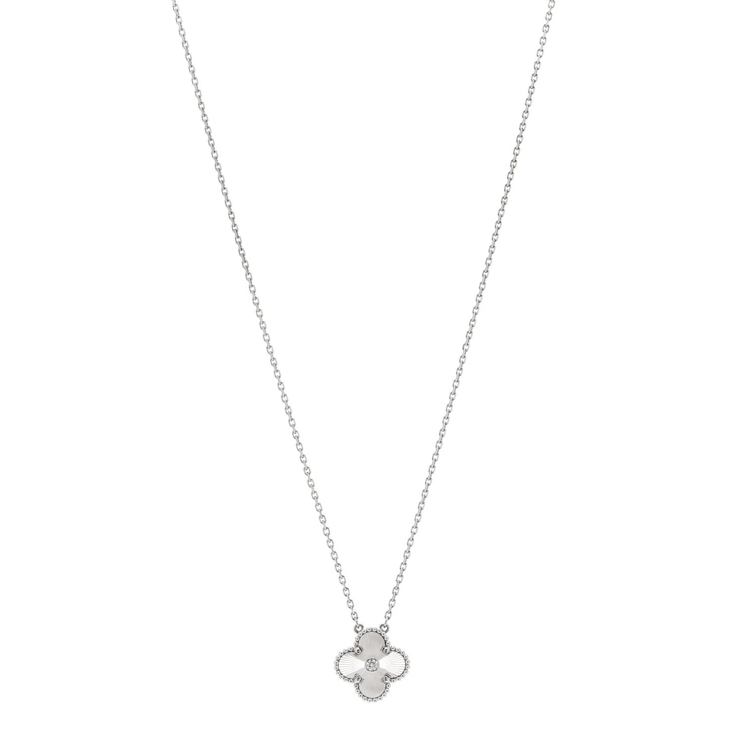 18K White Gold Diamond Guilloche Vintage Alhambra Pendant Necklace