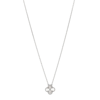 Van Cleef & Arpels 18K White Gold Diamond Guilloche Vintage Alhambra Pendant Necklace 1 of 6