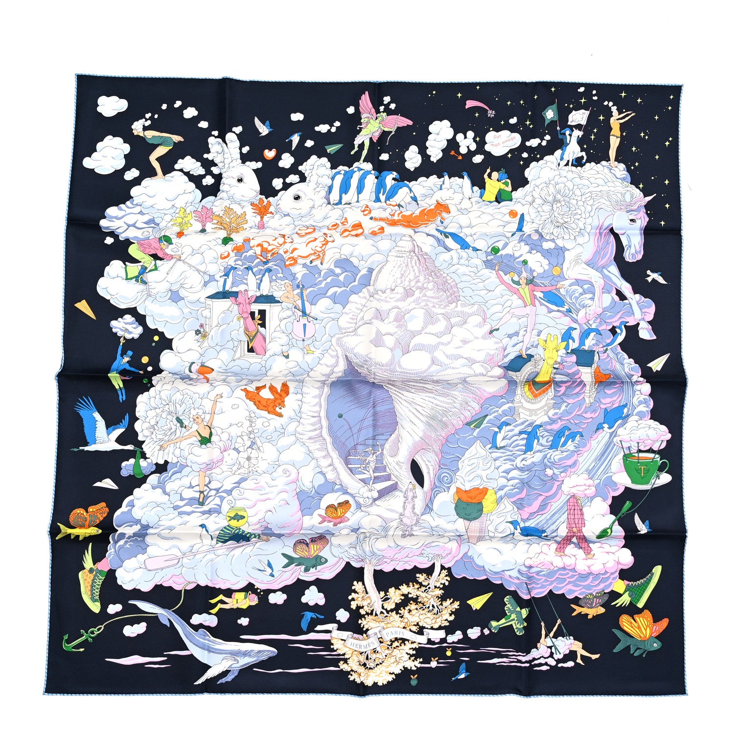 Hermes Silk Sur Mon Nuage Scarf 90 Bleu Black Mauve Multicolor 1 of 5