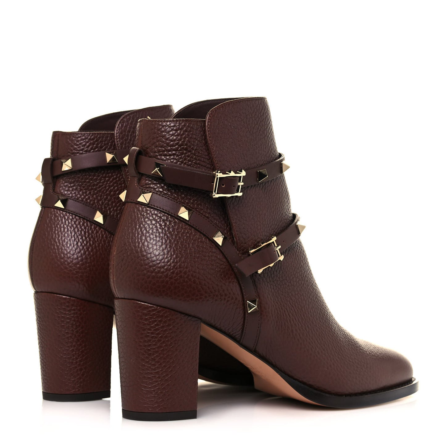 Pebbled Calfskin Rockstud Double Buckle 70mm Block Heel Ankle Boots 41 Rubin