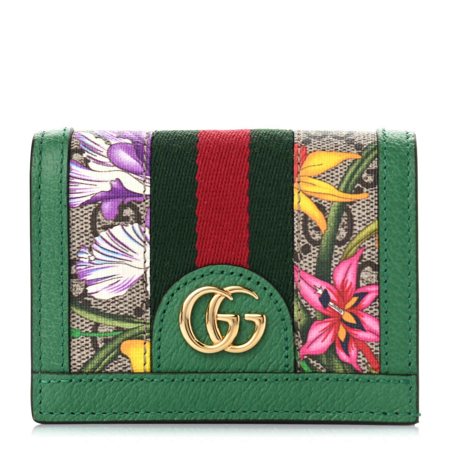 GG Supreme Monogram Flora Web Ophidia Card Case Green