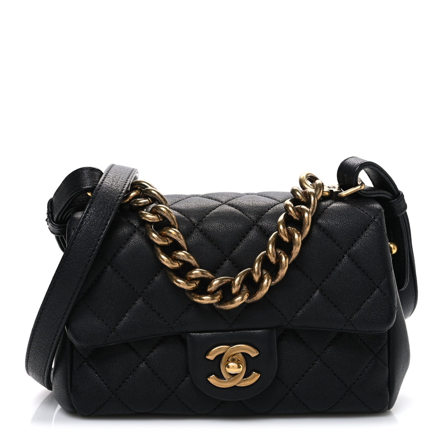 Shiny Sheepskin Quilted Mini Trapezio Flap Black