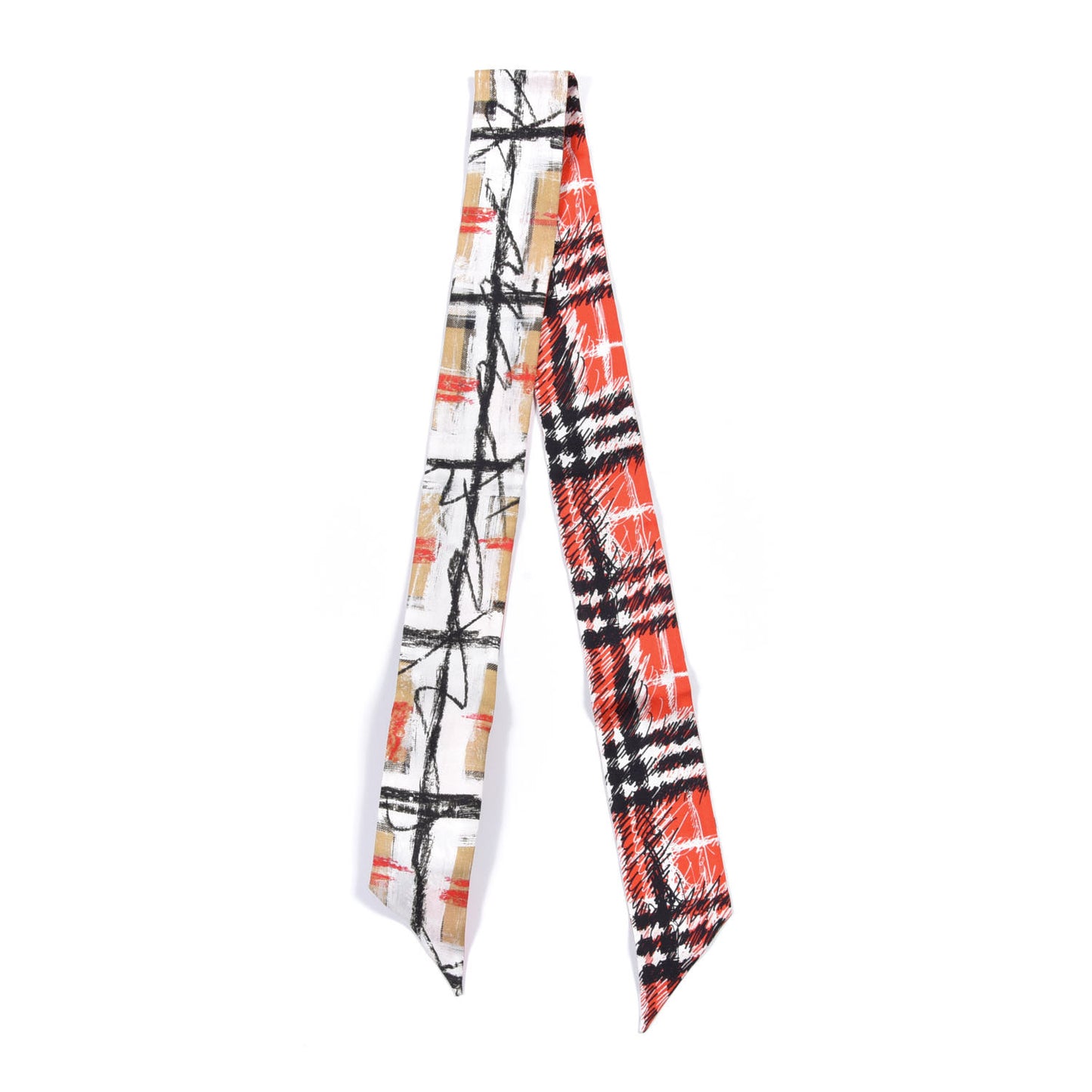 Silk Disruptive Check Scribble Print Skinny Scarf Bright Red