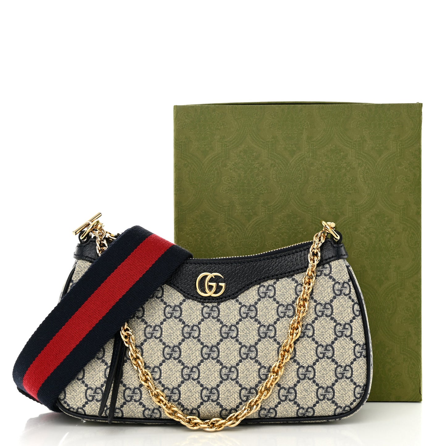 GG Supreme Monogram Textured Dollar Calfskin Web Small Ophidia GG Handbag Beige Blue