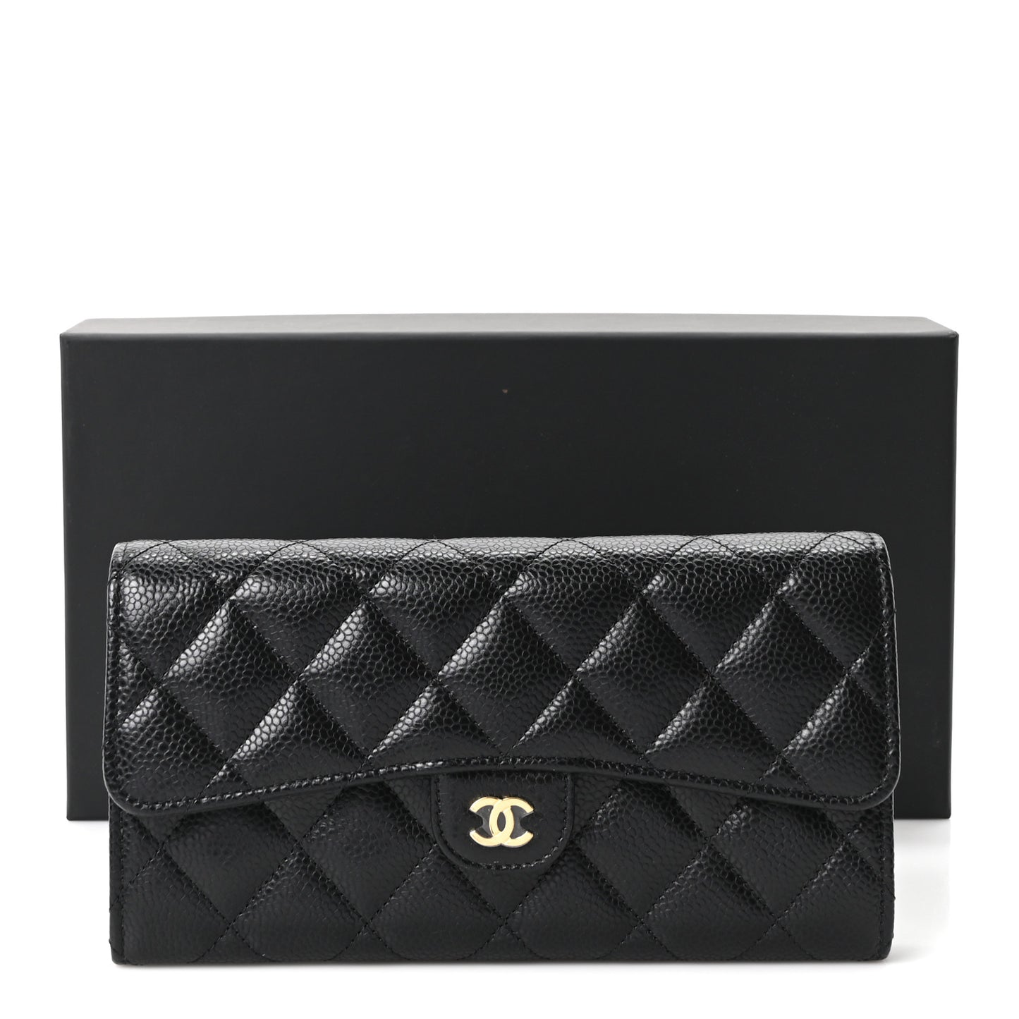 Caviar Quilted Large Gusset Flap Wallet Black