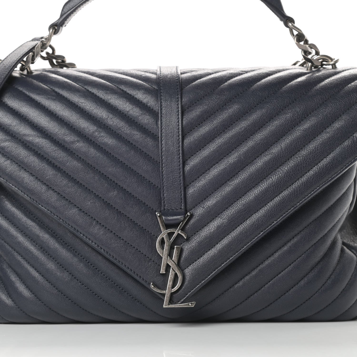 Saint Laurent Sheepskin Matelasse Chevron Monogram Large College Satchel Navy Blue 8 of 19