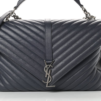 Saint Laurent Sheepskin Matelasse Chevron Monogram Large College Satchel Navy Blue 8 of 19