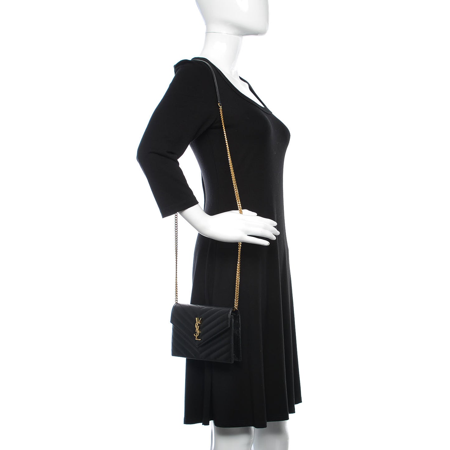 Grain De Poudre Matelasse Chevron Monogram Envelope Chain Wallet Black
