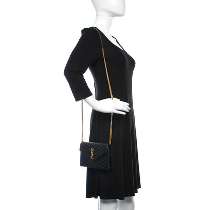 Saint Laurent Grain De Poudre Matelasse Chevron Monogram Envelope Chain Wallet Black 2 of 9