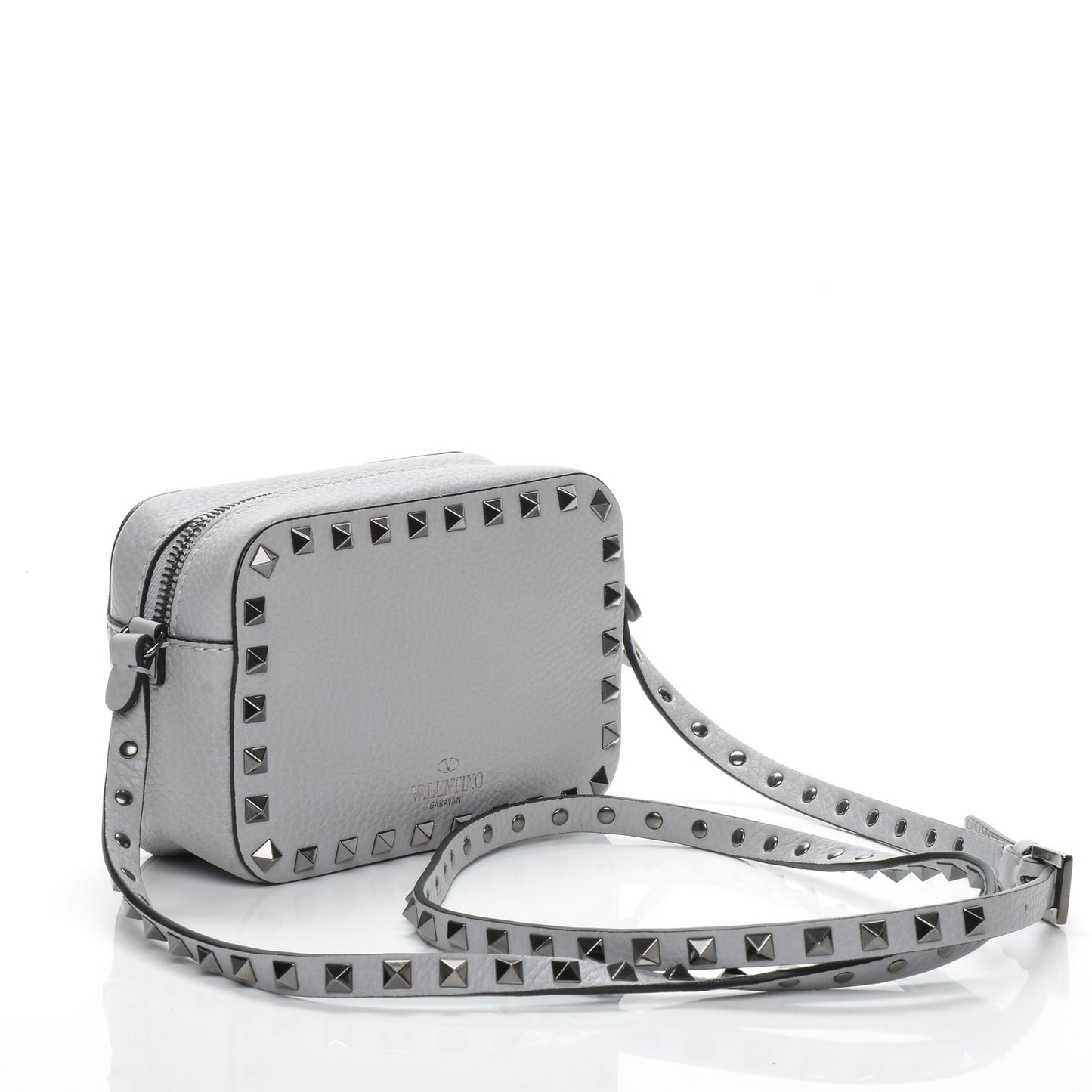 Grained Calfskin Small Rockstud Flap Pocket Camera Crossbody Bag Pastel Grey