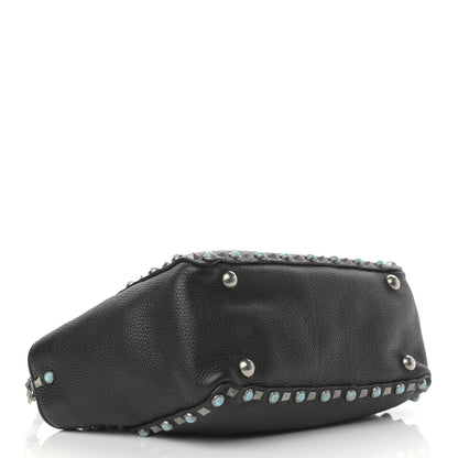 Valentino Garavani Grained Calfskin Turquoise Small Rockstud Rolling Tote Black 4 of 9