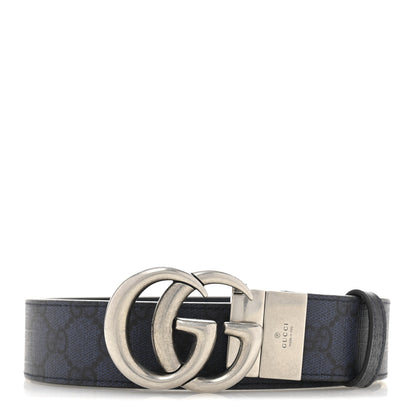 Gucci GG Supreme Monogram Plutone Calfskin Palladium Double G Reversible 37mm Belt 90 36 Black Blue 1 of 6