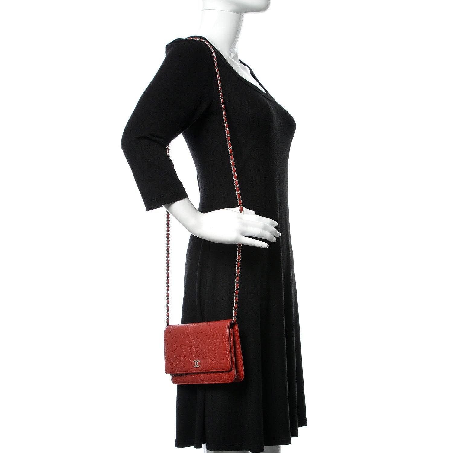 Chanel Lambskin Camellia Embossed Wallet On Chain WOC Red 2 of 17