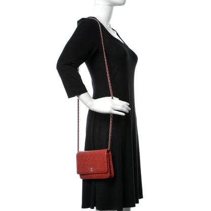 Chanel Lambskin Camellia Embossed Wallet On Chain WOC Red 2 of 17