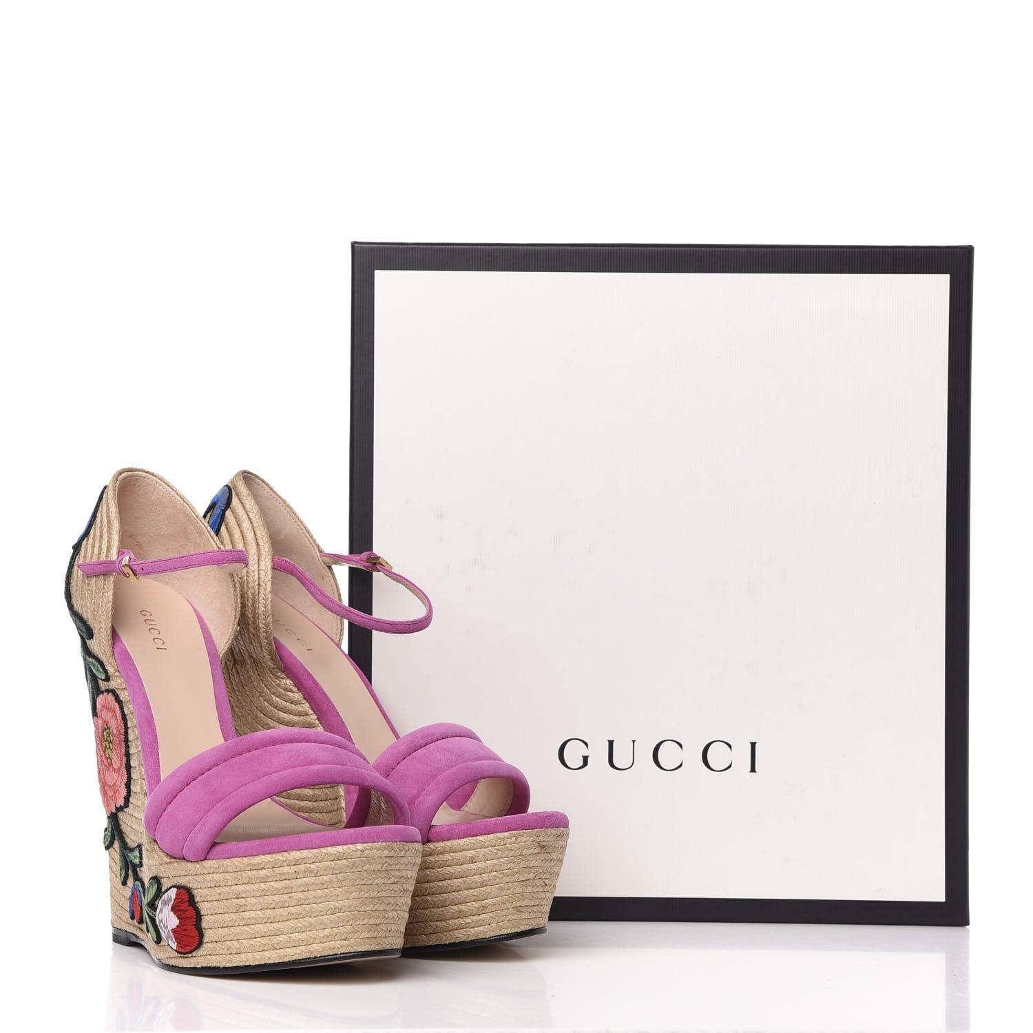 Gucci Kid Scamosciato Ophelia Espadrille Platform Wedge Sandals 38 Rododendro 9 of 9