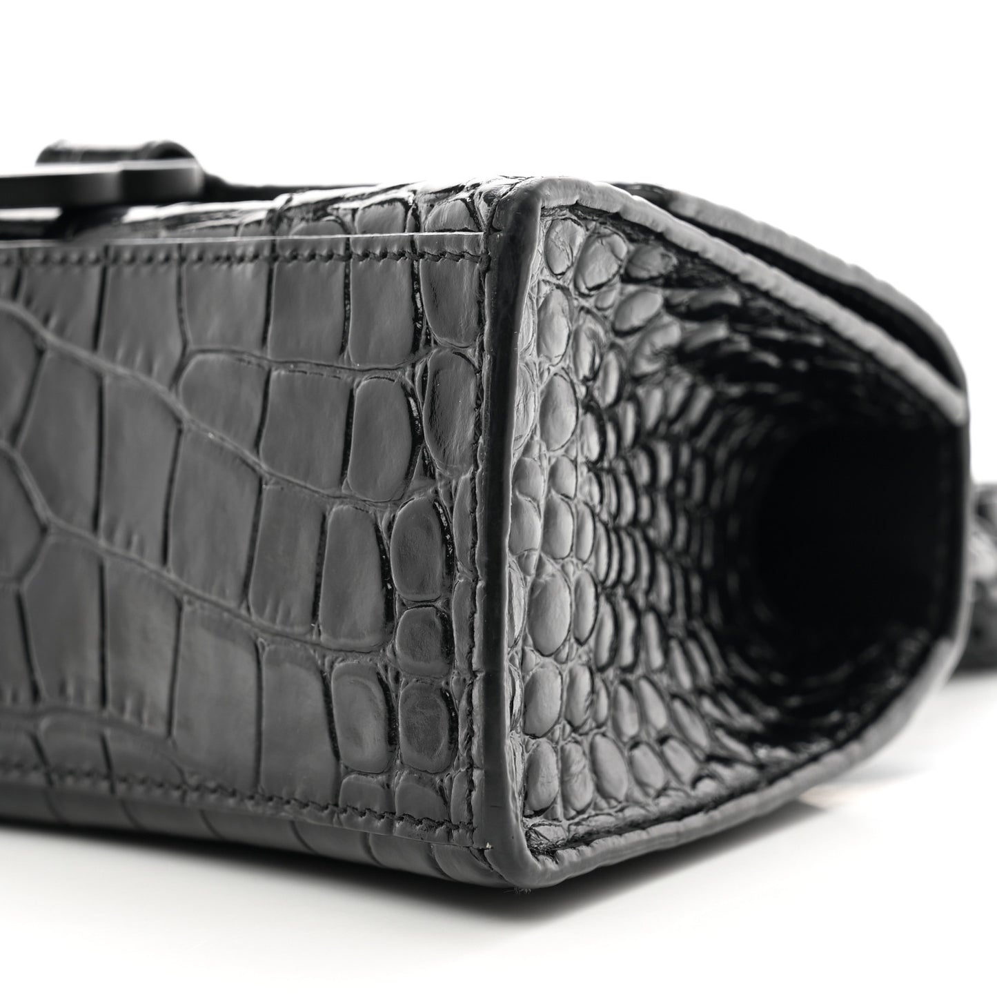 Shiny Calfskin Monochrome Crocodile Embossed Hourglass Top Handle Bag XS Black