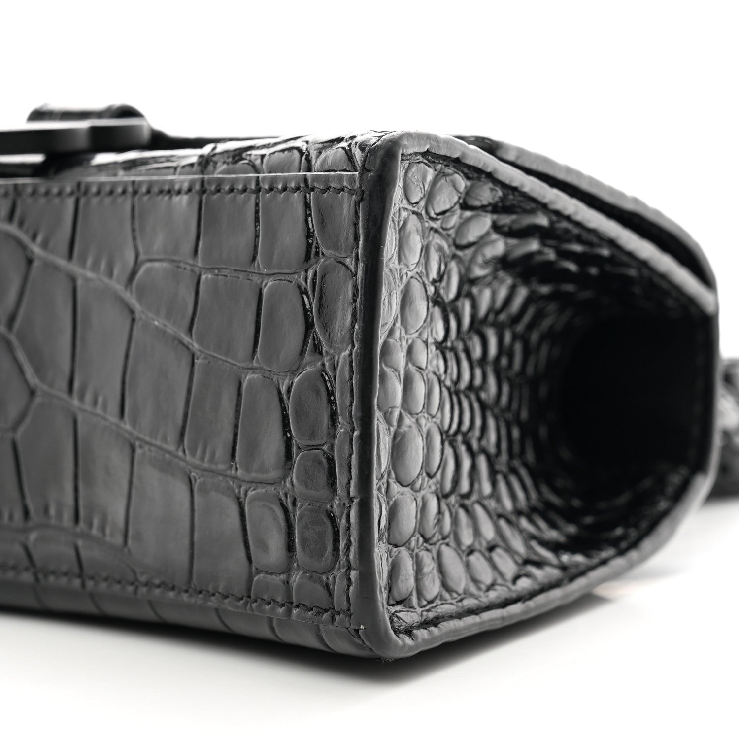 Balenciaga Shiny Calfskin Monochrome Crocodile Embossed Hourglass Top Handle Bag XS Black 9 of 11