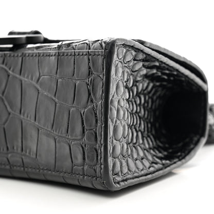 Balenciaga Shiny Calfskin Monochrome Crocodile Embossed Hourglass Top Handle Bag XS Black 9 of 11