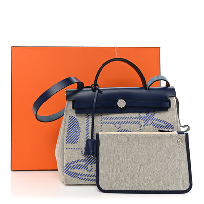 Hermes Vache Hunter Toile H Brides de Gala Herbag Zip Retourne 31 PM Bleu De France Ecru Black 11 of 11