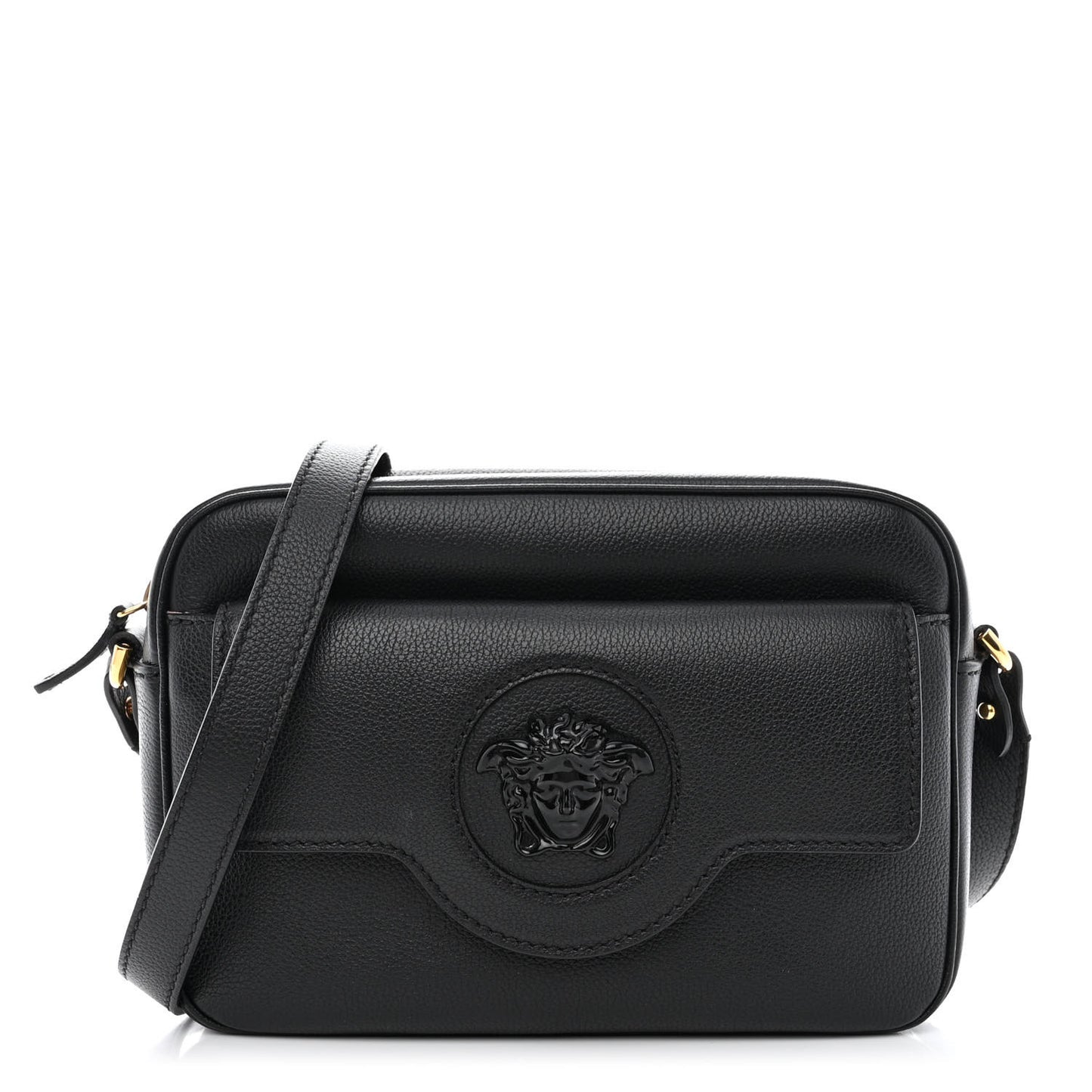 Grained Calfskin Medusa Camera Bag Black
