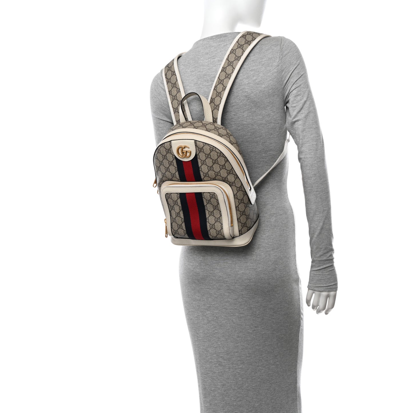 GG Supreme Monogram Textured Calfskin Web Small Ophidia Day Backpack Beige Ebony Mystic White