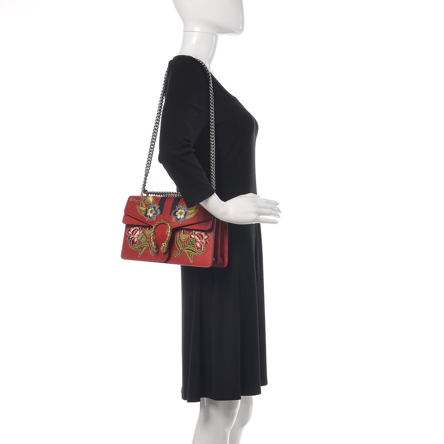 Calfskin Web Floral Embroidered Small Dionysus Shoulder Bag Hibiscus Red