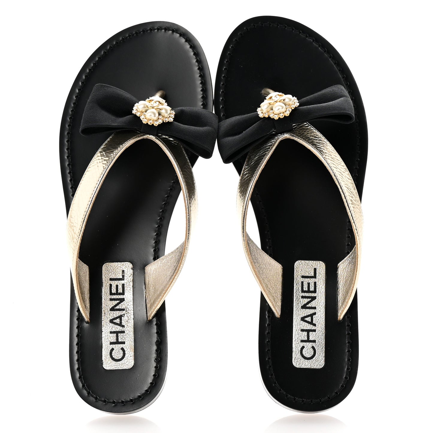 Metallic Laminated Goatskin Grosgrain Bow Pearl Thong Sandals 38 Black Gold