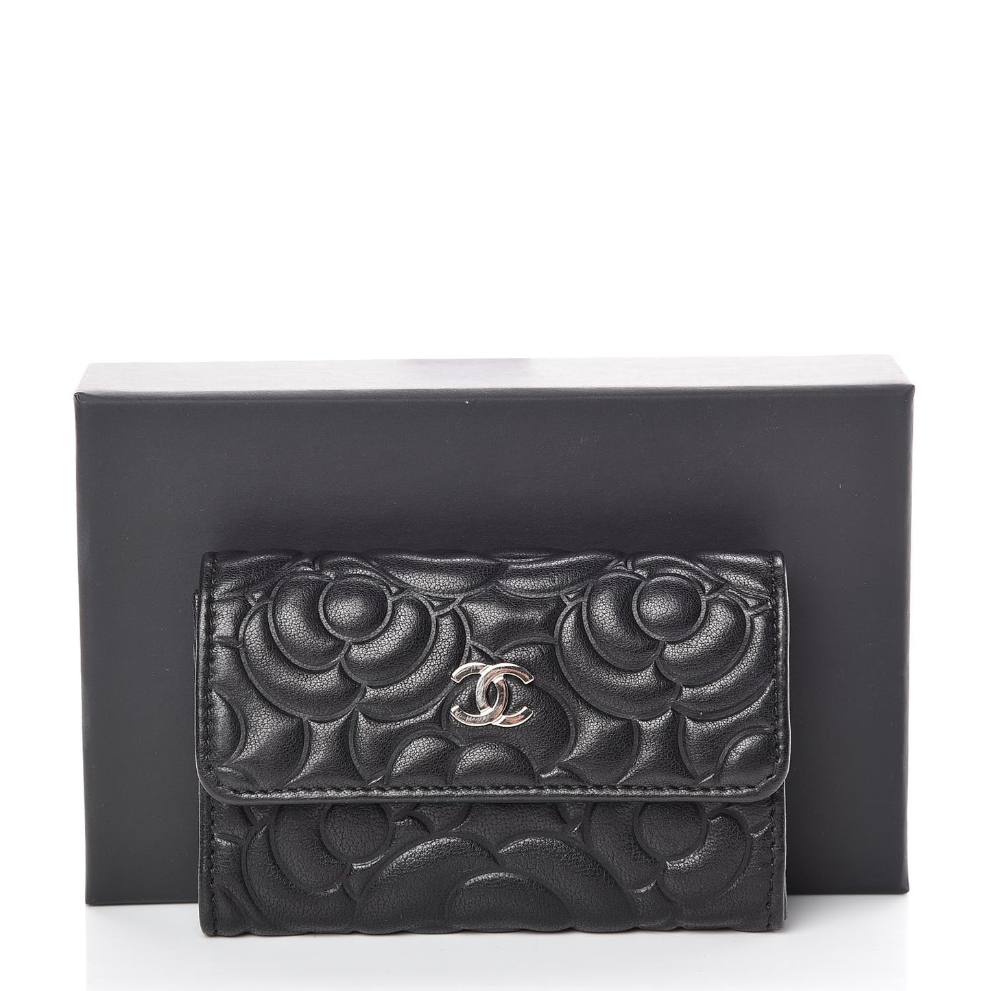 Goatskin Camellia Embossed Flap Card Holder Black