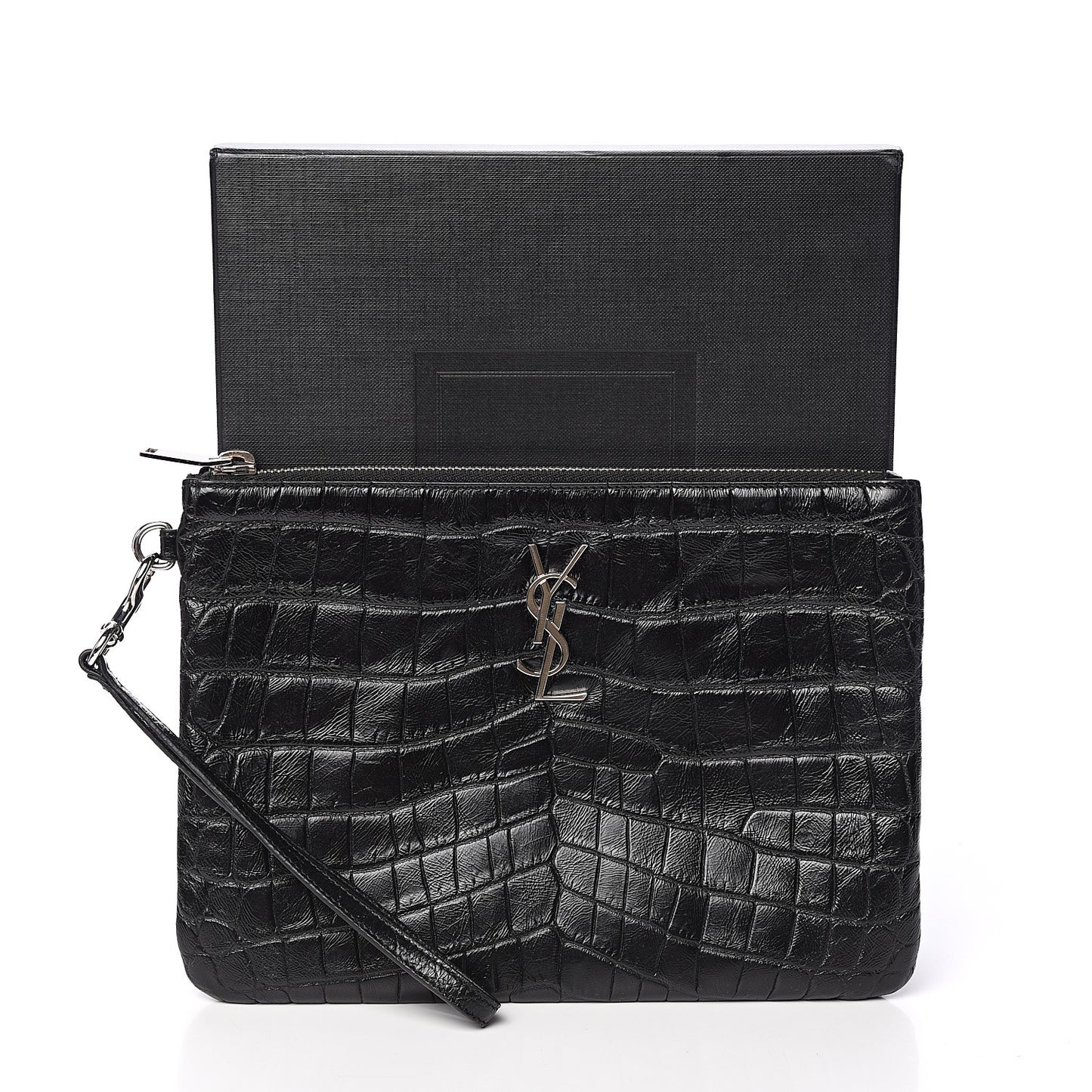 Calfskin Crocodile Embossed Monogram Zip Pouch Black