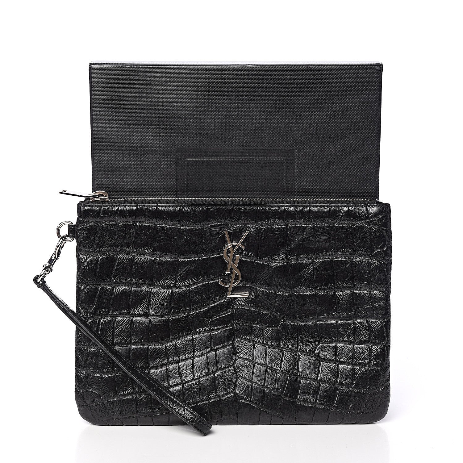 Saint Laurent Calfskin Crocodile Embossed Monogram Zip Pouch Black 9 of 9