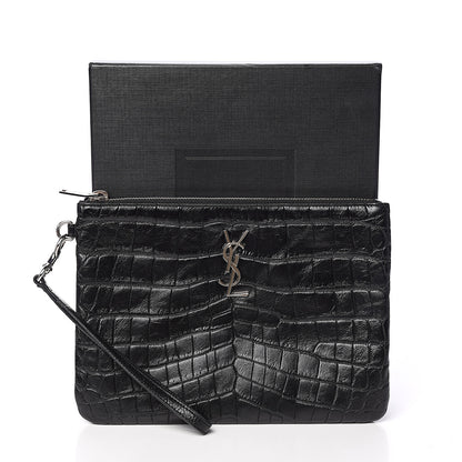 Saint Laurent Calfskin Crocodile Embossed Monogram Zip Pouch Black 9 of 9