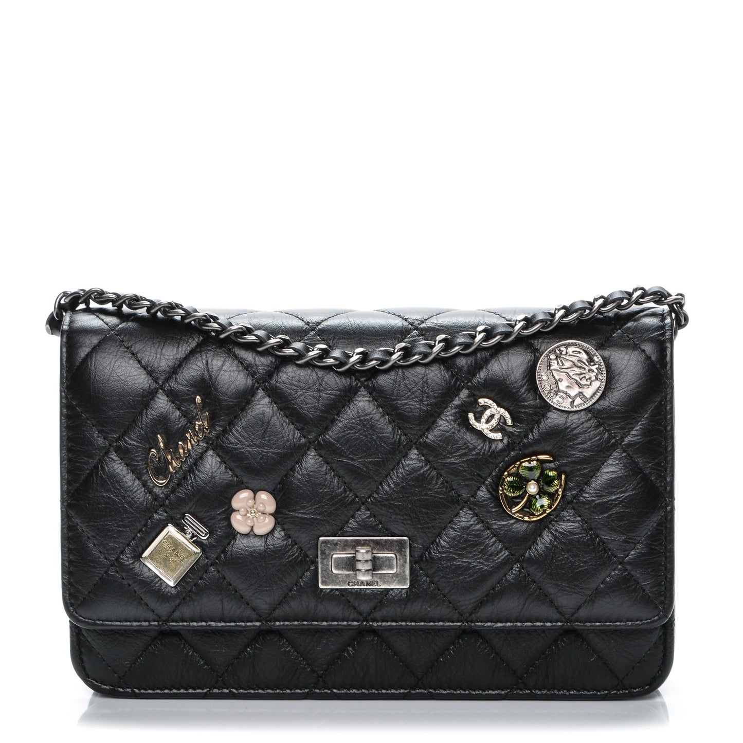 Aged Calfskin Quilted Lucky Charms 2.55 Reissue Wallet On Chain WOC Black