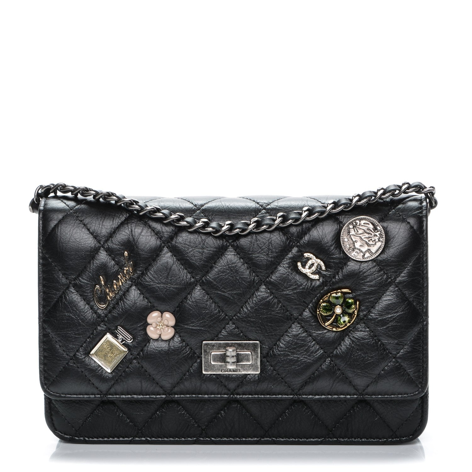Chanel Aged Calfskin Quilted Lucky Charms 2.55 Reissue Wallet On Chain WOC Black 1 of 8