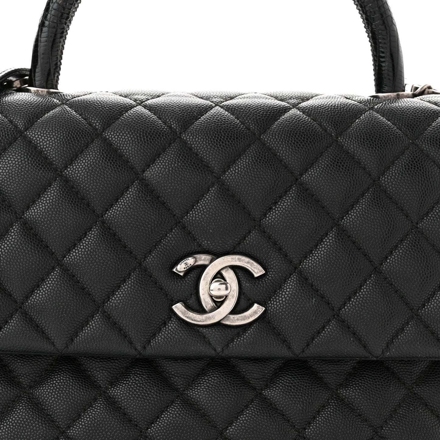 Caviar Lizard Embossed Quilted Small Coco Handle Flap Black