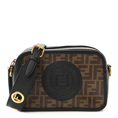 Fendi Glazed Fabric Vitello Century F is Fendi FF 1974 Stamp Patch Camera Case Mogano Panna Black 1 of 11