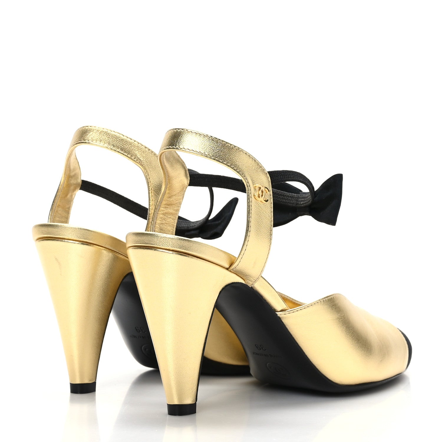 Chanel Laminated Lambskin Grosgrain Cap Toe CC Pumps 39 Gold Black 4 of 8