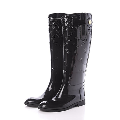 Louis Vuitton Rubber Embossed Monogram Drops High Rain Boots 37 Black 3 of 6