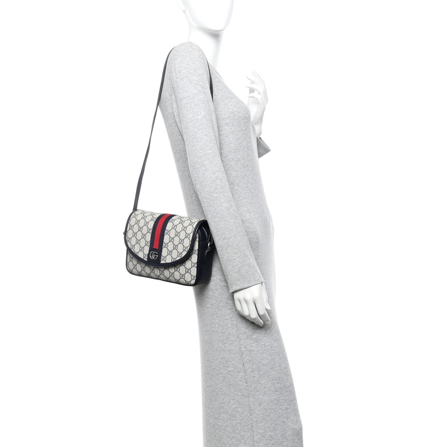 GG Supreme Monogram Textured Dollar Calfskin Web Studded Mini Ophidia Flap Shoulder Bag Beige Blue