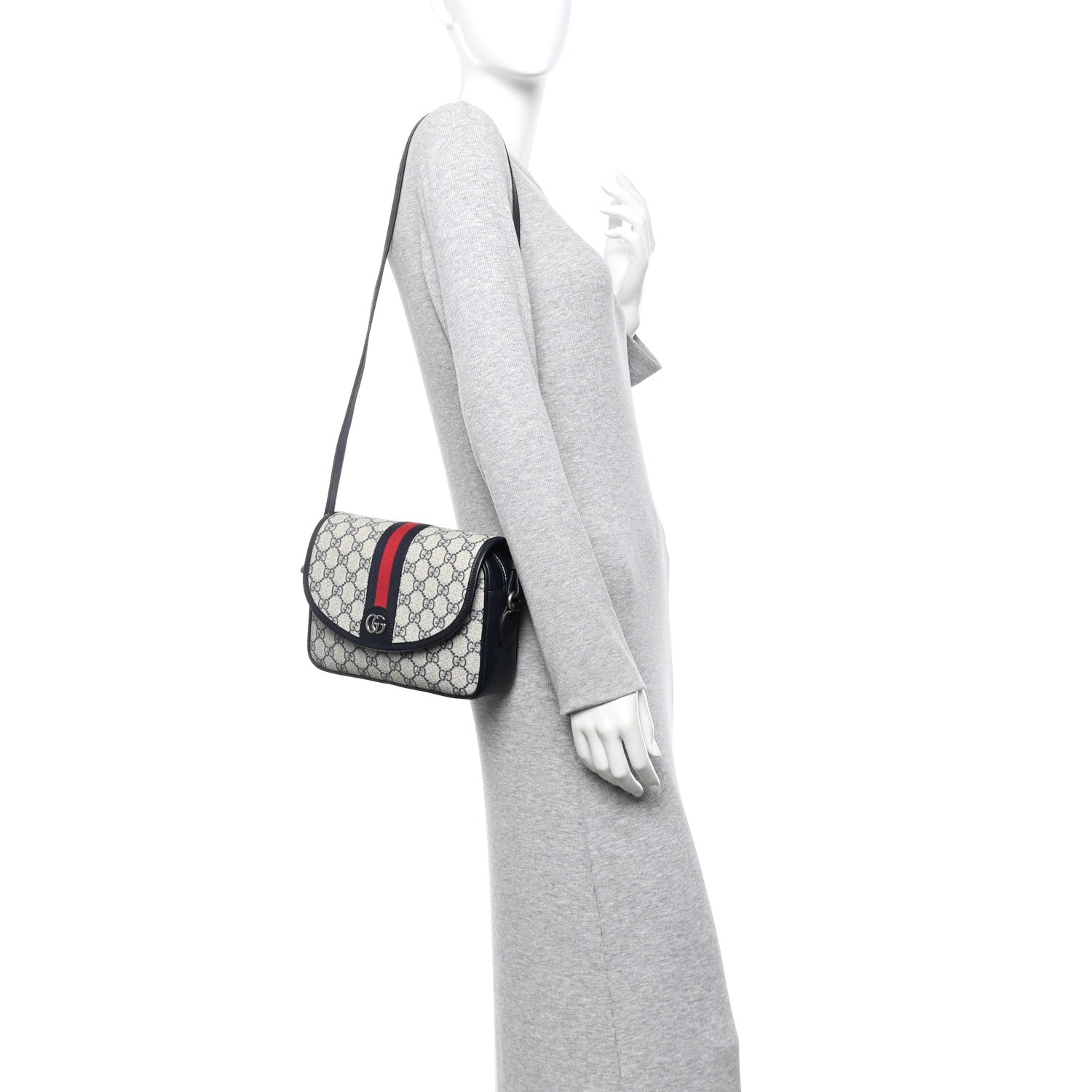 Gucci GG Supreme Monogram Textured Dollar Calfskin Web Studded Mini Ophidia Flap Shoulder Bag Beige Blue 2 of 10