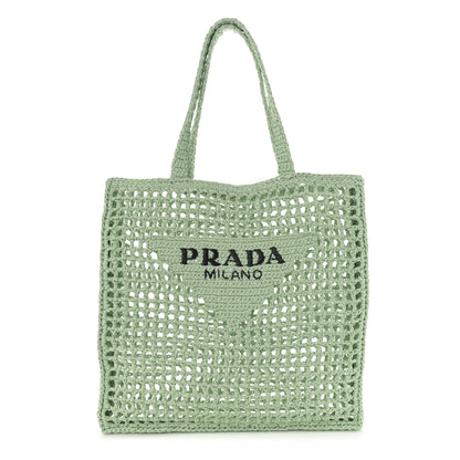 Prada Yarn Raffia Effect Crochet Logo Embroidered Tote Bag Acqua 1 of 10