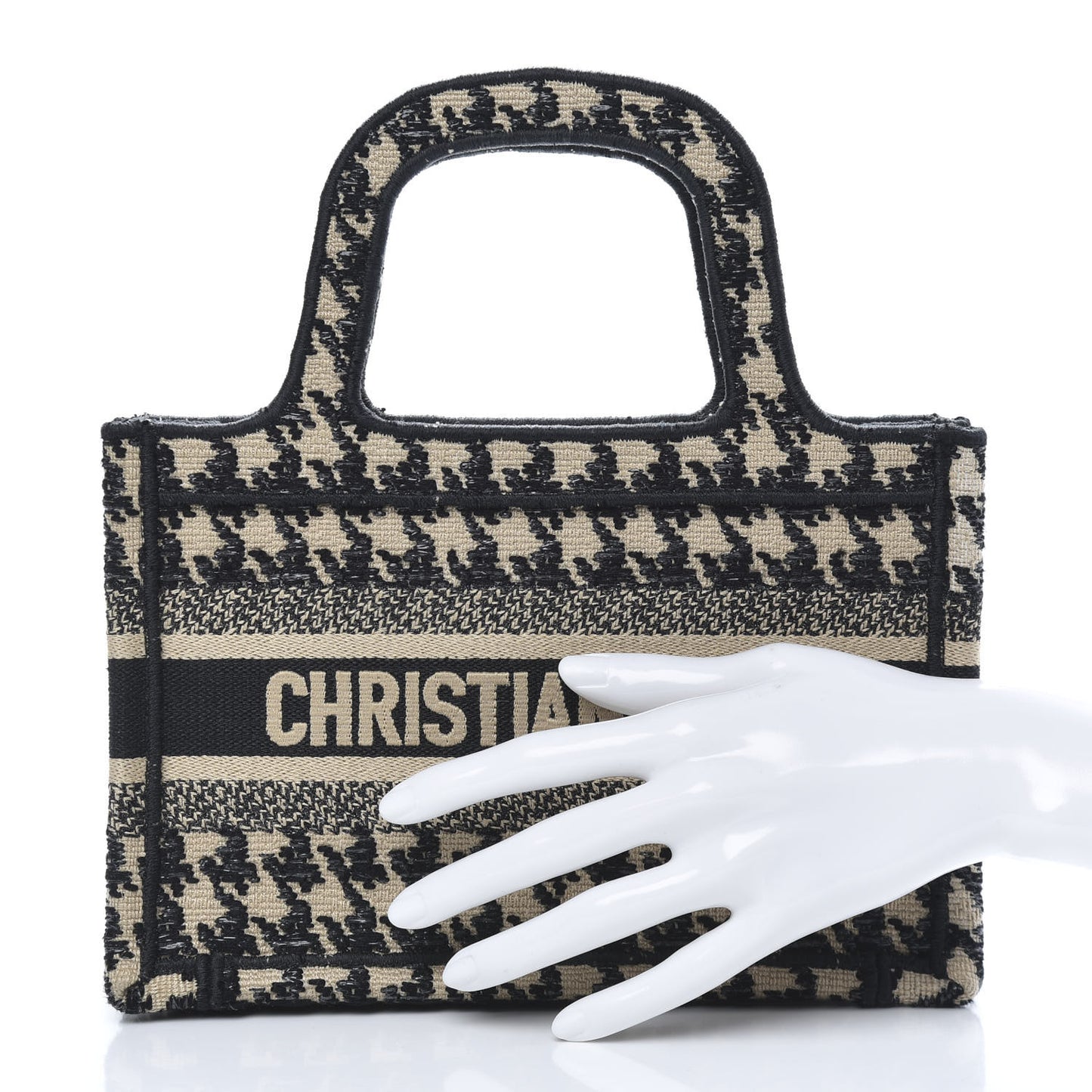 Canvas Houndstooth Embroidered Mini Book Tote Black