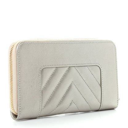 Chanel Metallic Sheepskin Chevron Quilted Medium Mademoiselle Vintage Zip Around Wallet Silver 3 of 9
