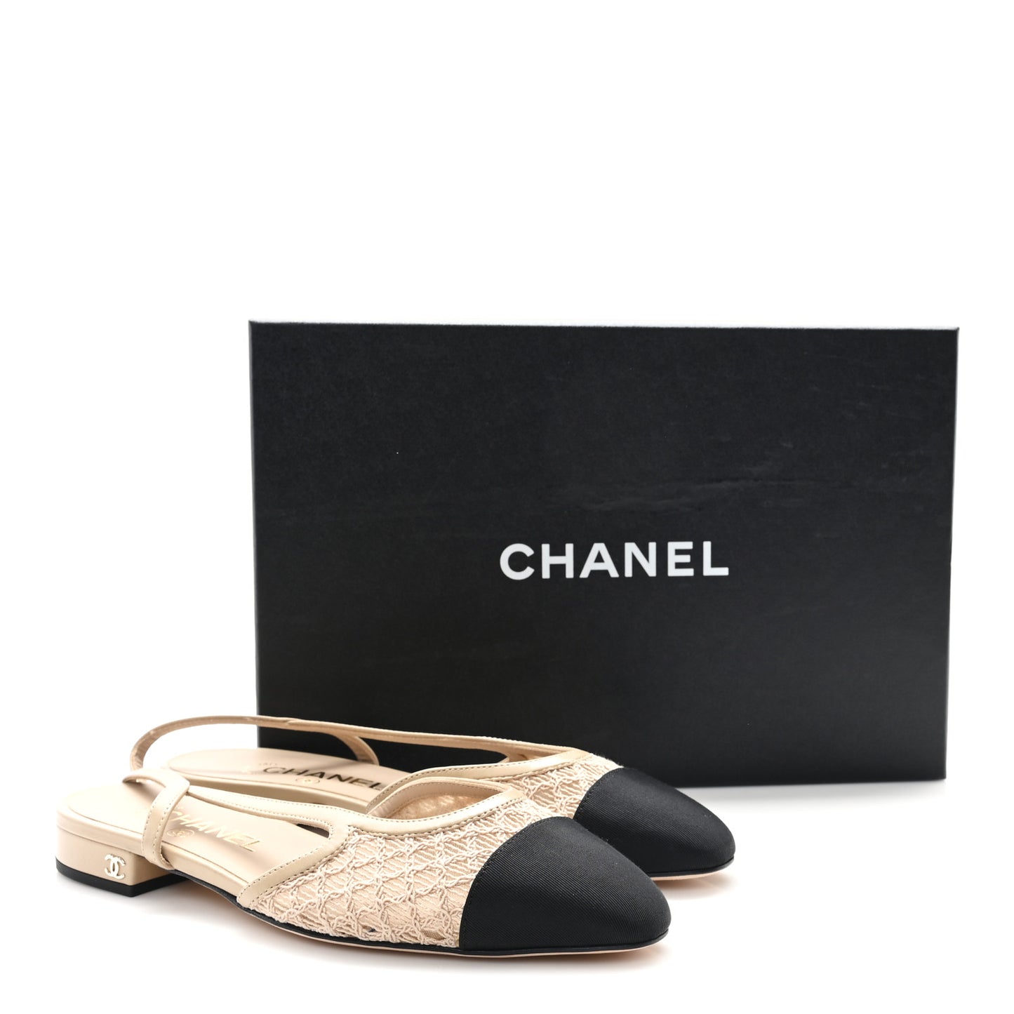 Embroidery Grosgrain Cap Toe CC Slingback Flats 37 Beige Black