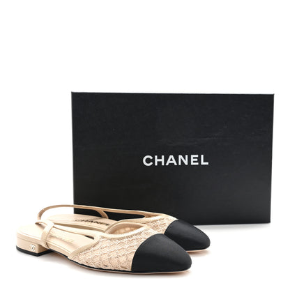 Chanel Embroidery Grosgrain Cap Toe CC Slingback Flats 37 Beige Black 9 of 9