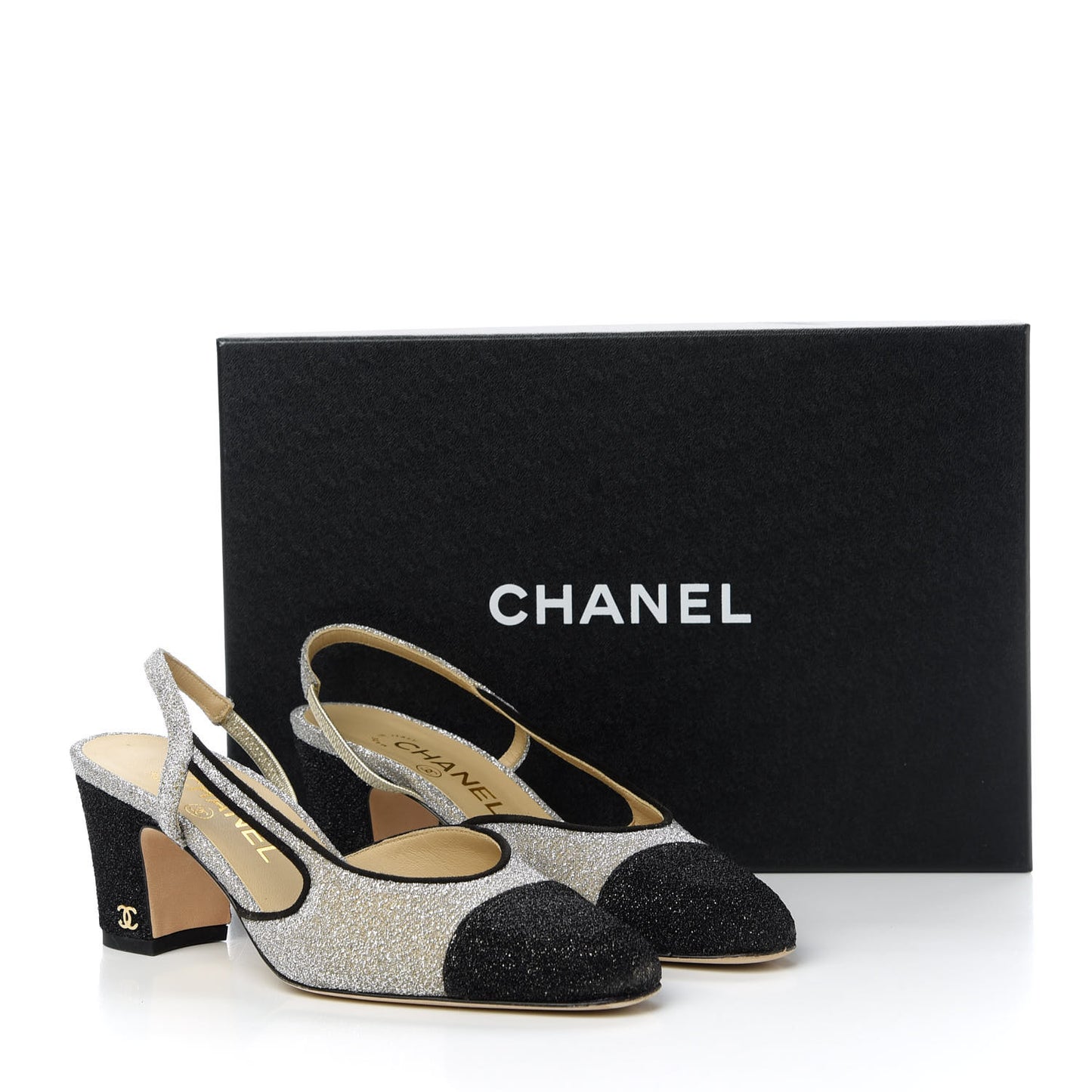 Glitter Grosgrain Cap Toe CC Slingback Pumps 36 Silver Black