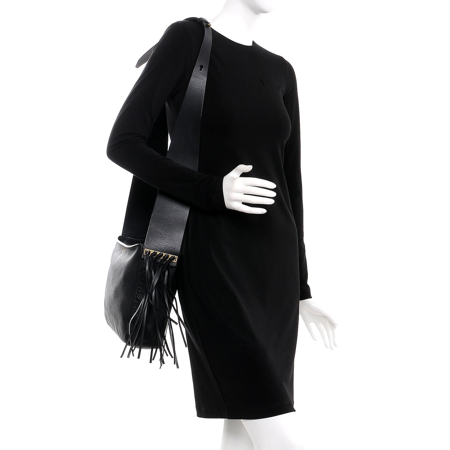 Calfskin Tribale Fringe Shoulder Bag Black