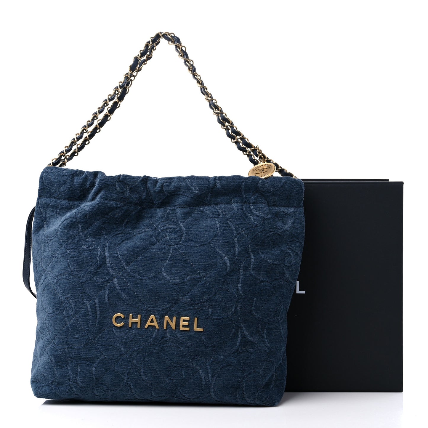 Velvet Camellia Quilted Small Chanel 22 Dark Blue